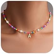Colorful Initial Necklace for Girls – Trendy Dainty Beaded Choker with Letter Pendant 14K Gold Plated Cute Personalized Jewelry Gift for Kids Teens Women Birthday Christmas Lockets