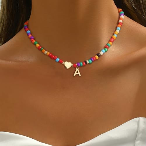Colorful Initial Necklaces For Girls Women Kids - Teen Girls Gifts Trendy Beaded Initial Necklace Dainty Letter Gifts Choker Necklace For Girl Jewelry