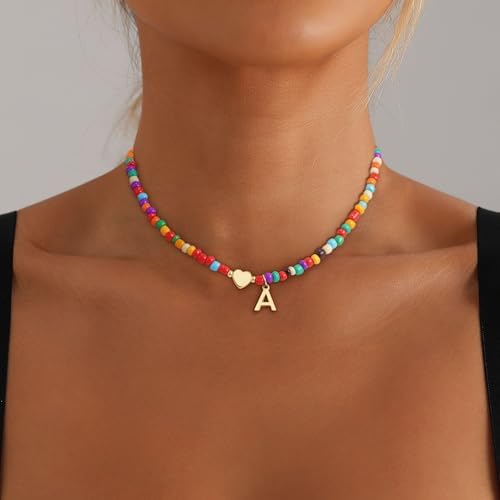 Colorful Initial Necklaces For Girls Women Kids - Teen Girls Gifts Trendy Beaded Initial Necklace Dainty Letter Gifts Choker Necklace For Girl Jewelry
