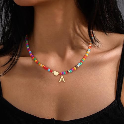 Colorful Initial Necklaces For Girls Women Kids - Teen Girls Gifts Trendy Beaded Initial Necklace Dainty Letter Gifts Choker Necklace For Girl Jewelry