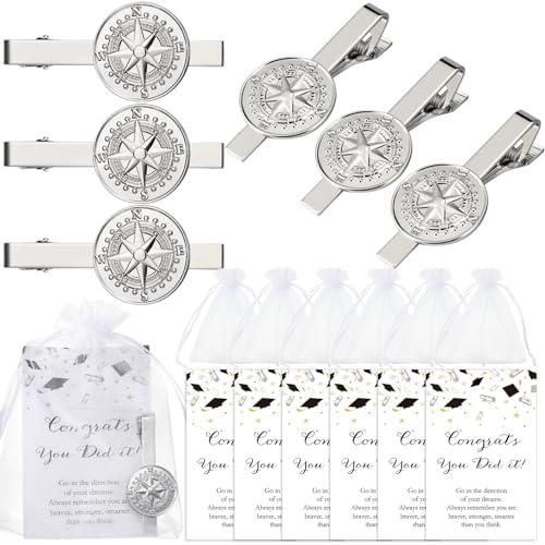 Coume 6 Sets Graduation Gifts for Students Boys Compass Tie Clip with Card The Direction of Your Dream Tie Clips Class of 2024 High School College Graduation Party Group Favors