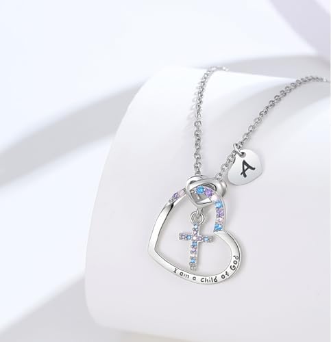 Cross Necklace For Girls I Am A Child Of God Necklace For Girls Cross Birthstone Necklace Heart Letter Initial Necklace 18K White Gold Plated Pendant Jewelry First Communion Baptism Gifts Christmas Birthday Gifts For Girl Women