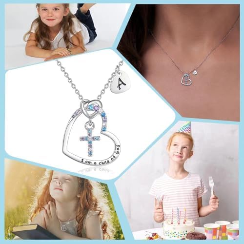 Cross Necklace For Girls I Am A Child Of God Necklace For Girls Cross Birthstone Necklace Heart Letter Initial Necklace 18K White Gold Plated Pendant Jewelry First Communion Baptism Gifts Christmas Birthday Gifts For Girl Women