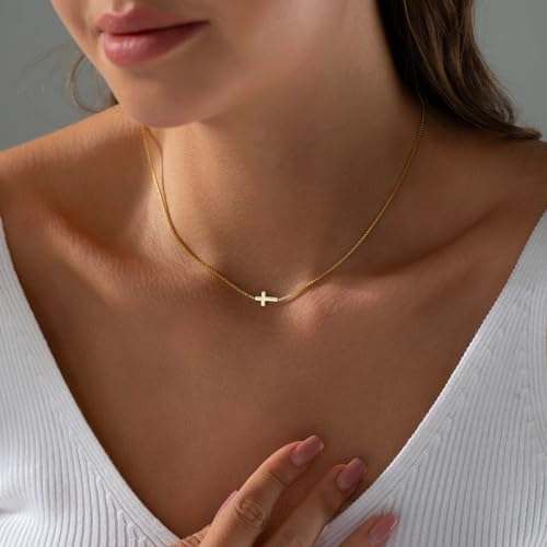 Cross Necklace For Women 14K Gold Silver Plated Dainty Small Cross Pendant Choker Simple Trendy Cute Cross Charm Chain Necklace Easter Basket Stuffers Baptism Religious Faith Jewelry Gift