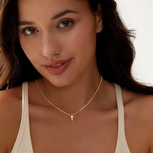 Cross Necklace For Women Girls Dainty 14K Gold Silver Plated Cross Choker Pendant Jewelry Non Tarnish Waterproof Trendy Cute Simple Small Necklace Easter Christian Baptism Religious Faith Jewelry Gifts