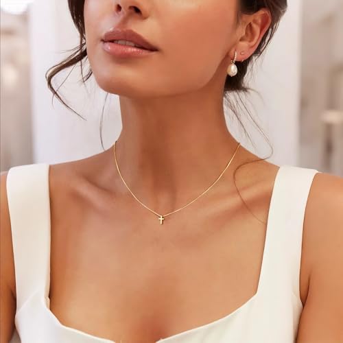 Cross Necklace For Women Girls Dainty 14K Gold Silver Plated Cross Choker Pendant Jewelry Non Tarnish Waterproof Trendy Cute Simple Small Necklace Easter Christian Baptism Religious Faith Jewelry Gifts