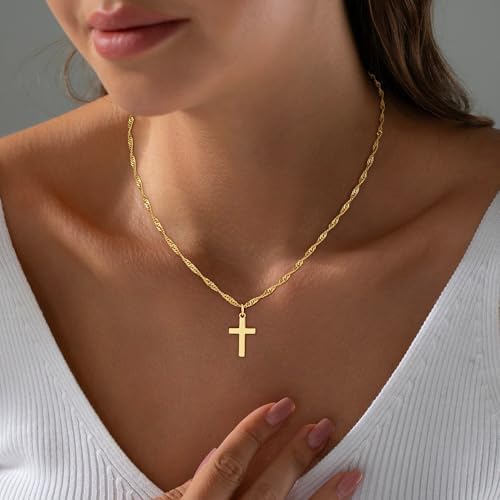 Cross Necklace For Women Trendy - Dainty 18K Real Gold Plated Minimalist Cross Necklace Non Tarnish Waterproof Trendy Cute Simple Small Necklaces Easter Christian Religious Faith Jewelry Gifts