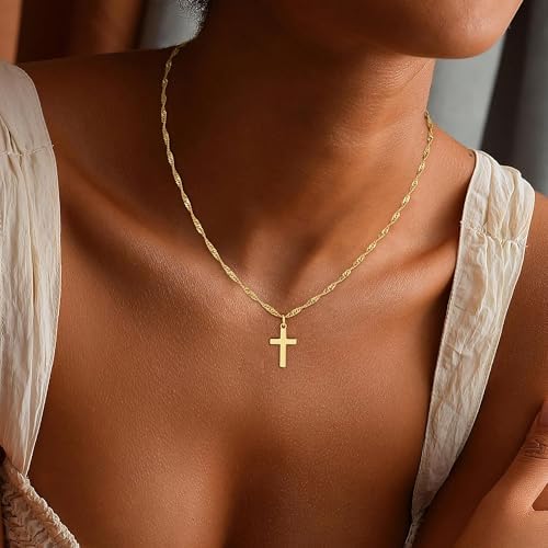 Cross Necklace For Women Trendy - Dainty 18K Real Gold Plated Minimalist Cross Necklace Non Tarnish Waterproof Trendy Cute Simple Small Necklaces Easter Christian Religious Faith Jewelry Gifts