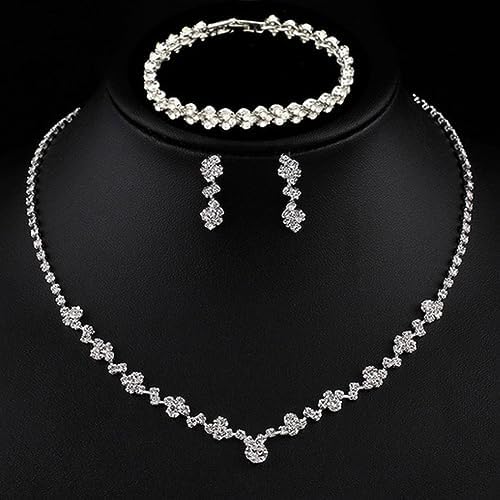 Crystal Wedding Jewelry Set Silver Necklace Earrings Bracelet Crystal Bridal Wedding Jewelry Sets For Brides Bridesmaid Prom Costume Accessories