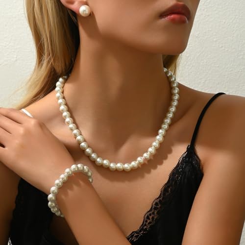 CSIYANJRY99 Pearl Necklace And Earring Set Faux Pearl Jewelry Sets For Women Imitation Beaded Pearl Necklace Bracelet Stud Earrings For Women
