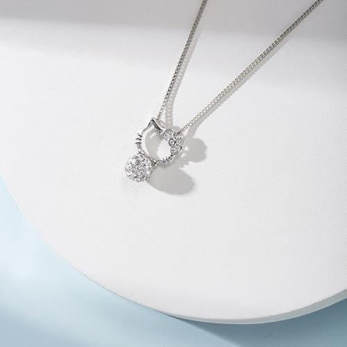 Cute Real 925 Sterling Silver Cat Pendant Necklace Rhinestone Ball Pendant