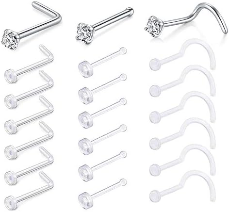 D.Bella Clear Nose Rings: 18G Retainer & 20G Hoop Flexible Acrylic Piercing Kit for Work & Surgery