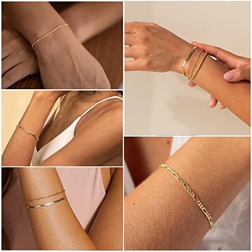 DEARMAY 14K Gold Plated Bracelets For Women Waterproof Jewelry Sets Trendy Thin Dainty Stackable Cuban Link Paperclip Chain Bracelet Pack Fashion Accessories Gifts For Womens