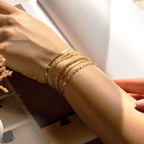 DEARMAY 14K Gold Plated Bracelets For Women Waterproof Jewelry Sets Trendy Thin Dainty Stackable Cuban Link Paperclip Chain Bracelet Pack Fashion Accessories Gifts For Womens
