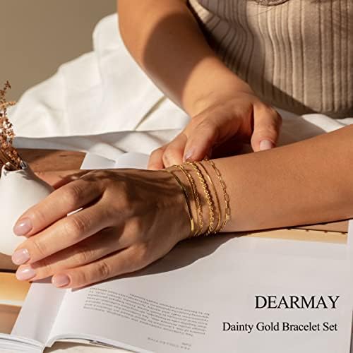 DEARMAY 14K Gold Plated Bracelets For Women Waterproof Jewelry Sets Trendy Thin Dainty Stackable Cuban Link Paperclip Chain Bracelet Pack Fashion Accessories Gifts For Womens
