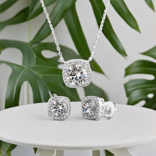 Devin Rose Stud Halo Cushion Shaped Earrings For Women And 18 Inch Necklace For Women Jewelry Set Made With Faceted Crystals