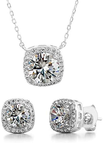 Devin Rose Stud Halo Cushion Shaped Earrings for Women and 18 Inch Necklace for Women Jewelry Set made with Faceted Crystals