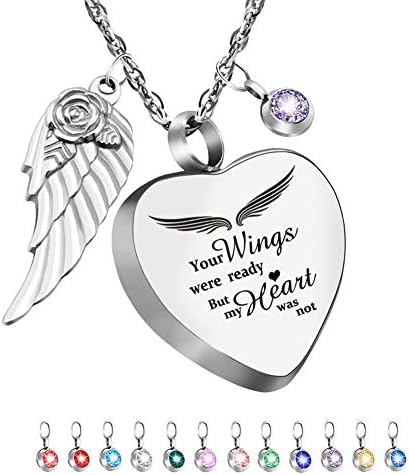 Dletay Heart Urn Necklace for Ashes with 12 Birthstones Cremation Jewelry for Ashes -Your Wings Were Ready My Heart Was Not