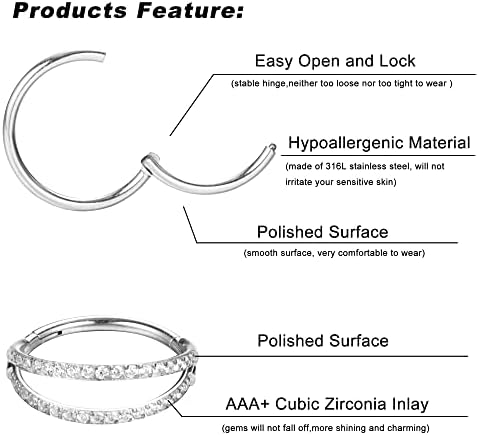Dochais 4PCS 18G Nose Rings Hoops Surgical Steel Earrings Tragus Septum Piercing CZ Clicker Ring Hinged Segment Conch Lip Cartilage Double Hoops 8mm 10mm For Women Men