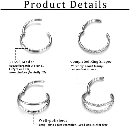 Dochais 4PCS 18G Nose Rings Hoops Surgical Steel Earrings Tragus Septum Piercing CZ Clicker Ring Hinged Segment Conch Lip Cartilage Double Hoops 8mm 10mm For Women Men