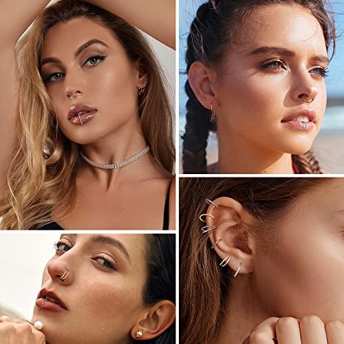 Dochais 4PCS 18G Nose Rings Hoops Surgical Steel Earrings Tragus Septum Piercing CZ Clicker Ring Hinged Segment Conch Lip Cartilage Double Hoops 8mm 10mm For Women Men