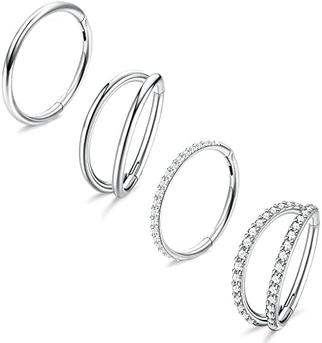 Dochais 4PCS 18G Nose Rings Hoops Surgical Steel Earrings Tragus Septum Piercing CZ Clicker Ring Hinged Segment Conch Lip Cartilage Double Hoops 8mm 10mm For Women Men