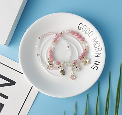 DS 4PCS Beaded Charm Bracelets For Teen Girls Dainty Cute Cartoon Crystal Beads Pearl Bracelets Anklets Set For Woman And Girls Adjustable Stretch Bracelet Birthday Gift For Friends