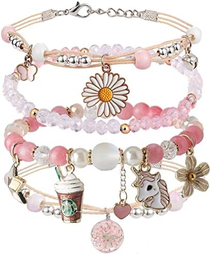 DS 4PCS Beaded Charm Bracelets for Teen Girls Dainty cute cartoon Crystal Beads Pearl Bracelets anklets set for woman and girls Adjustable Stretch bracelet birthday Gift For Friends