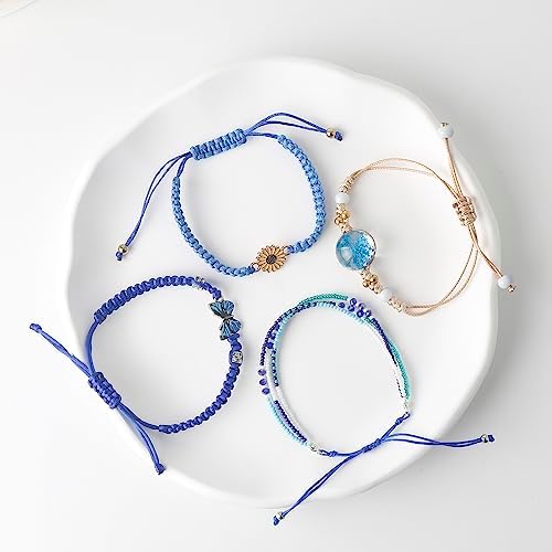 DS 4PCS String Beads Charm Bracelets For Teen Girls Dainty Cute Cartoon Butterfly Daisy Eternal Flower Beads Bracelets Set For Woman And Girls Adjustable Stretch Bracelet Birthday Gift For Friends