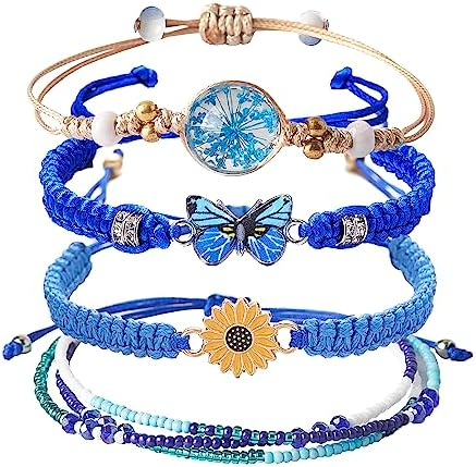 DS 4PCS String beads Charm Bracelets for Teen Girls Dainty cute cartoon Butterfly Daisy Eternal flower Beads Bracelets set for woman and girls Adjustable Stretch bracelet birthday Gift For Friends