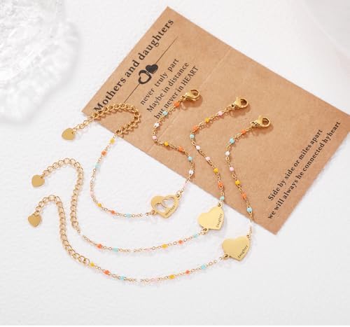 DS Mother Daughter Bracelets Set 18K Gold Plated Stainless Steel Heart Jewelry For Women Girls Mothers Day Gifts For Mom/Daughter Adjustable Matching Bracelets For Mommy And Me Gift Box Packaging