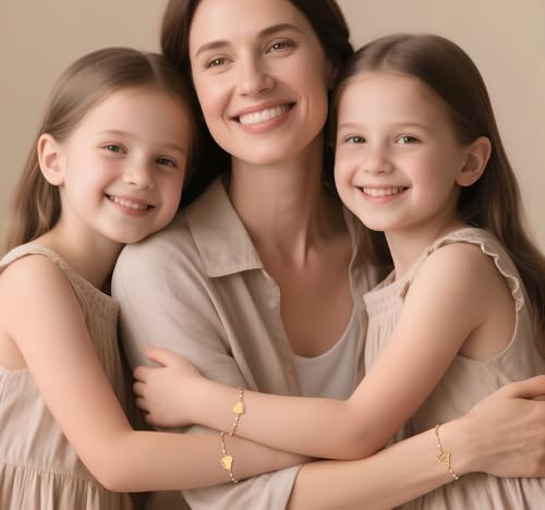 DS Mother Daughter Bracelets Set 18K Gold Plated Stainless Steel Heart Jewelry For Women Girls Mothers Day Gifts For Mom/Daughter Adjustable Matching Bracelets For Mommy And Me Gift Box Packaging