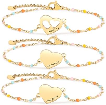 DS Mother Daughter Bracelets Set 18K Gold Plated Stainless Steel Heart Jewelry for Women Girls Mothers Day Gifts for Mom/Daughter Adjustable Matching Bracelets for Mommy and Me gift box packaging