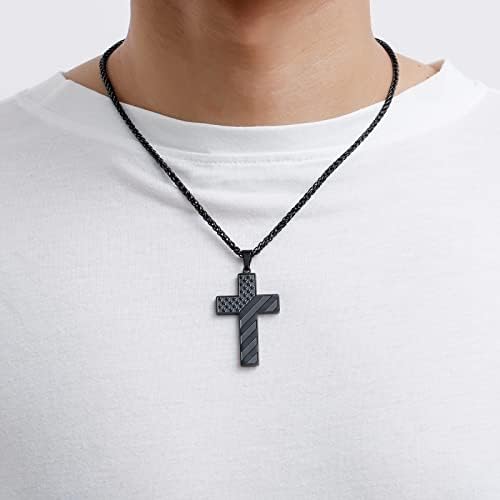 DuoDiner 18+2 Inch Cross Necklace Bible Verse Stainless Steel American Flag Pendant Chain For Men Boys Jewelry Gift