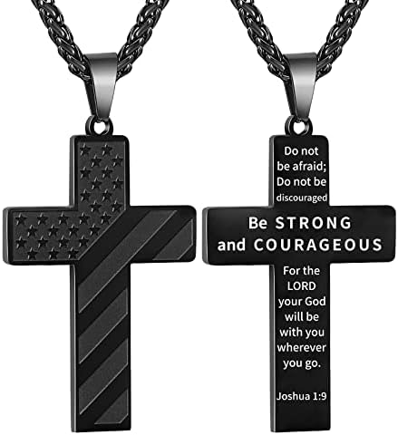 DuoDiner 18+2 Inch Cross Necklace Bible Verse Stainless Steel American Flag Pendant Chain for Men Boys Jewelry Gift