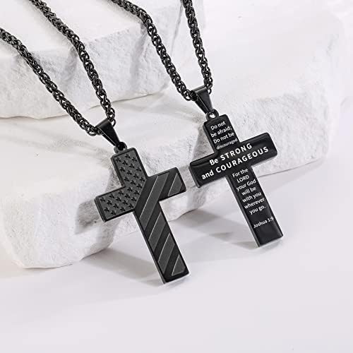 DuoDiner 18+2 Inch Cross Necklace Bible Verse Stainless Steel American Flag Pendant Chain For Men Boys Jewelry Gift