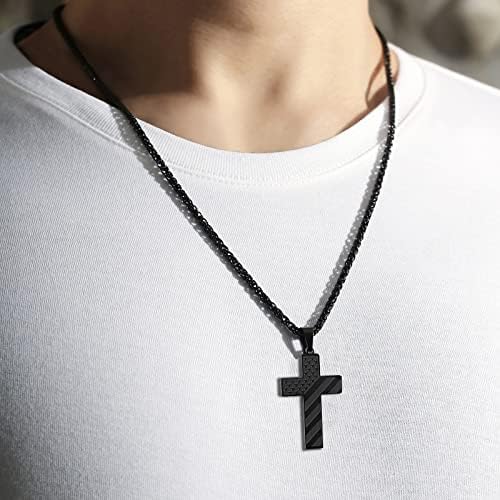 DuoDiner 24 Inch Cross Necklace For Men Boys Kids Bible Verse American Flag Pendant Baptism Religious First Communion Jewelry Gifts