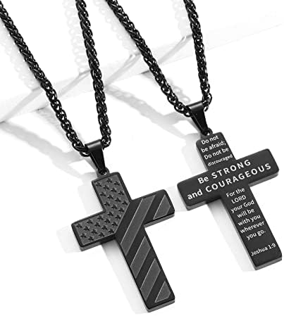 DuoDiner 24 Inch Cross Necklace For Men Boys Kids Bible Verse American Flag Pendant Baptism Religious First Communion Jewelry Gifts