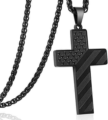 DuoDiner 24 Inch Cross Necklace for Men Boys Kids Bible Verse American Flag Pendant Baptism Religious First Communion Jewelry Gifts