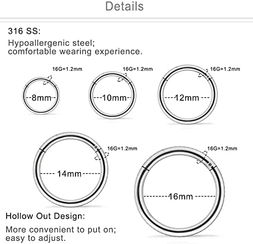 Dyknasz 10PCS 16G Surgical Steel Hinged Clicker Segment Septum Lip Nipple Ring Hoop Cartilage Tragus Helix Sleeper Earrings Piercing Jewelry For Women Men 8mm 10mm 12mm 14mm 16mm