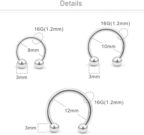 Dyknasz 16G 14G 各种尺寸 马蹄形戒指 医用钢鼻中隔马蹄形耳环 眉毛耳屏唇环 雏菊螺旋穿孔珠宝 男女适用