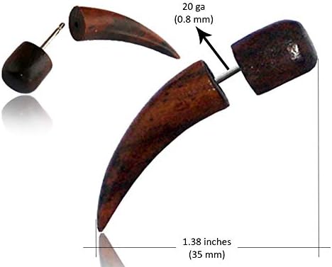 Earth Accessories Spike Fake Taper Gauges For Women Or Men - Faux Gauge Earrings With Organic Wood And Surgical Steel - Fake Plugs Sold As A Pair In Black Or Brown