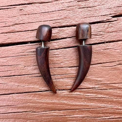 Earth Accessories Spike Fake Taper Gauges For Women Or Men - Faux Gauge Earrings With Organic Wood And Surgical Steel - Fake Plugs Sold As A Pair In Black Or Brown