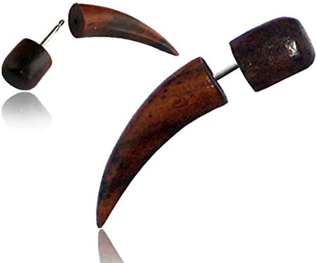 Earth Accessories Spike Fake Taper Gauges for Women or Men - Faux Gauge Earrings with Organic Wood and Surgical Steel - Fake Plugs Sold as a Pair in Black or Brown