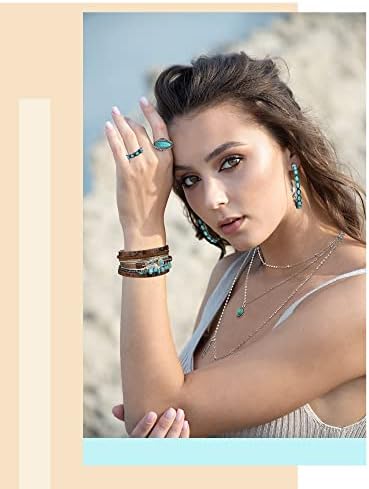 Ecally Bohemian Western Jewelry Turquoise Set Women Bohemian Pendant Long Choker Layered Bracelets Earrings Ring For Women