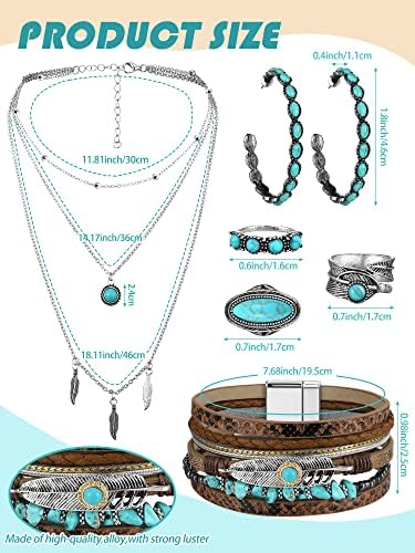 Ecally Bohemian Western Jewelry Turquoise Set Women Bohemian Pendant Long Choker Layered Bracelets Earrings Ring For Women