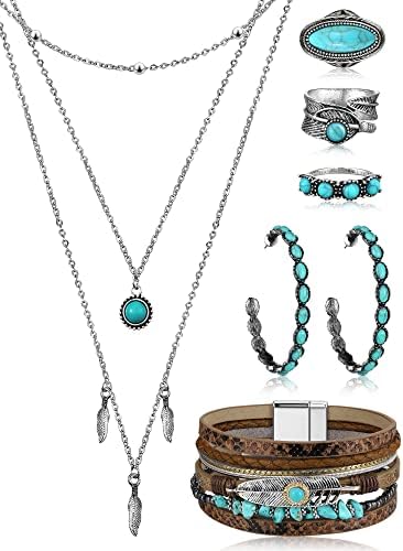 Ecally Bohemian Western Jewelry Turquoise Set Women Bohemian Pendant Long Choker Layered Bracelets Earrings Ring for Women