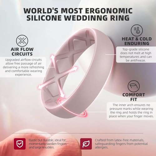 Egnaro Women’s Silicone Engagement Rings Inner Arc Ergonomic Breathable Design With Half Sizes Rubber Wedding Bands 5.5mm Wide-2mm Thick