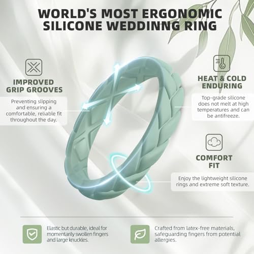 Egnaro Women's Silicone Stackable Rings 3.5mm Wide 2mm Thick Rubber Flexible Hypoallergenic Wedding Bands For Workout Leaf Braided Fashion