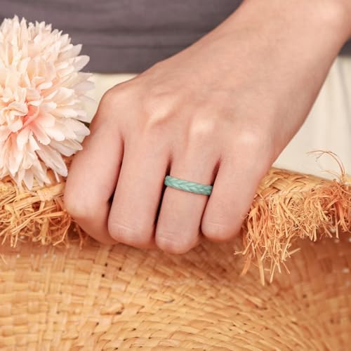 Egnaro Women's Silicone Stackable Rings 3.5mm Wide 2mm Thick Rubber Flexible Hypoallergenic Wedding Bands For Workout Leaf Braided Fashion